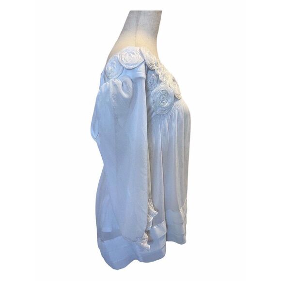 eci NY Womens Ivory Rosette Ribbon Neckline Sheer Triple Tier Bottom Blouse 10 - Picture 2 of 11